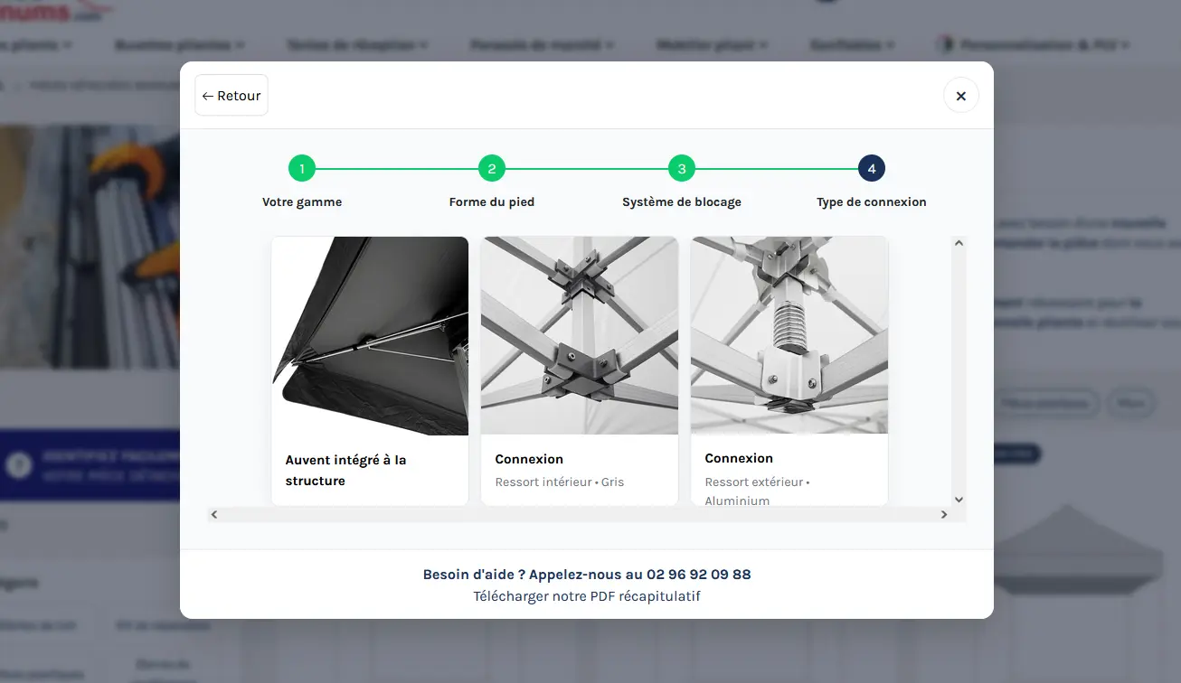 étape 3 du module pièces détachées France Barnums : identification du type de connexion