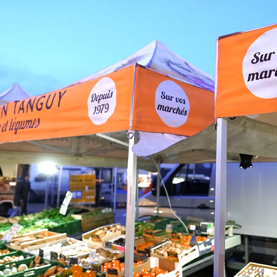 Gros plan sur le toit imprimé du barnum Maison Tanguy avec logo, nom de l'enseigne et mention Depuis 1979